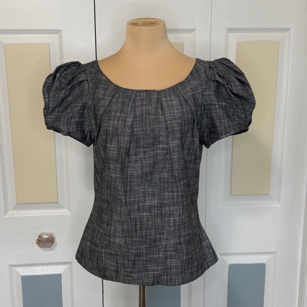 Fresh Brewed Girl Grey Cotton Puff Sleeve Blouse Back Zip Top 33S2664 Medium